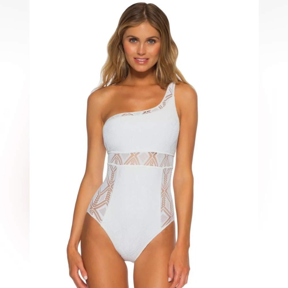 BNWT Becca by Rebecca Virtue White Colorplay One Shoulder Crochet Swimsuit L